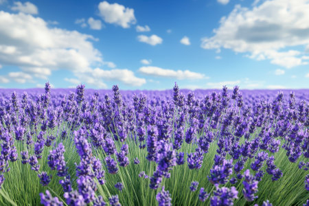 Purple lavender stretches across a vast field under a clear blue sky with scattered white clouds.の写真素材