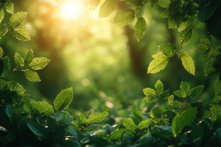 Morning sunlight casts a warm glow through vibrant green leaves, creating a peaceful forest atmosphere.の写真素材