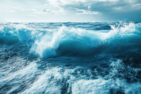 Turbulent waves roll in swiftly on a bright day, creating a striking contrast with the calm sky.の写真素材