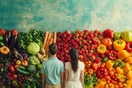 A couple stands side by side, gazing at a colorful array of fresh produce, highlighting nature's bounty.の写真素材