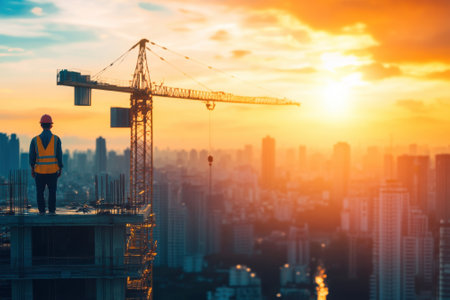 A construction worker stands on a building rooftop overlooking a vibrant city skyline during sunset.の写真素材