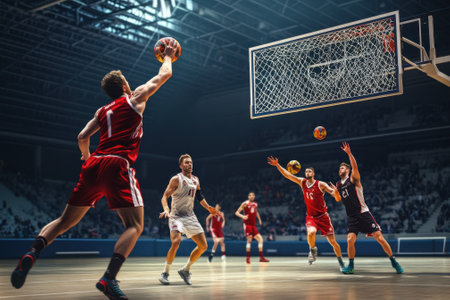 Intense moment in a basketball game as a player takes a shot while others defend. The crowd is engaged.の写真素材