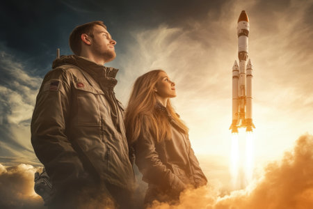 Two individuals gaze upward in awe as a rocket ignites and ascends into the sky against a colorful backdrop.の写真素材