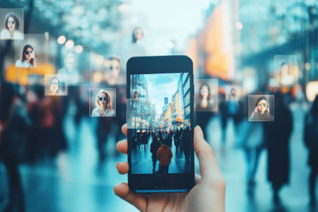 A person holds a smartphone displaying city life while digital images of people are superimposed above the scene.の写真素材