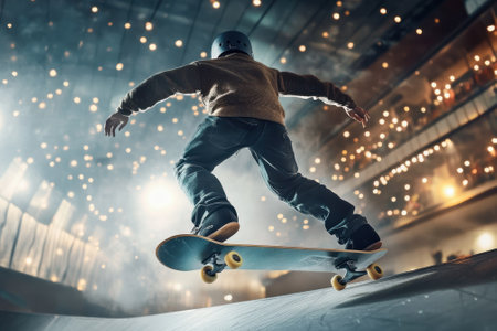 A talented skateboarder kicks off a ramp in a vibrant indoor arena illuminated by bright lights.の写真素材