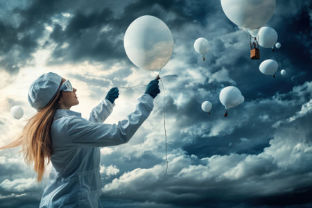A woman in a white suit and gloves releases several balloons amidst dramatic, cloudy skies.の写真素材