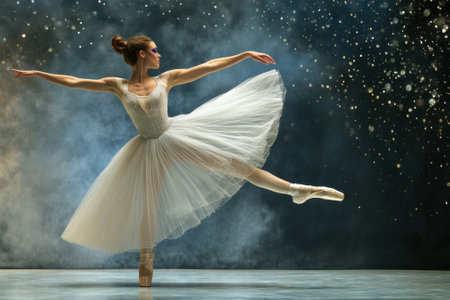 A graceful ballerina executes an impressive leap surrounded by a mystical, star-filled backdrop.の写真素材