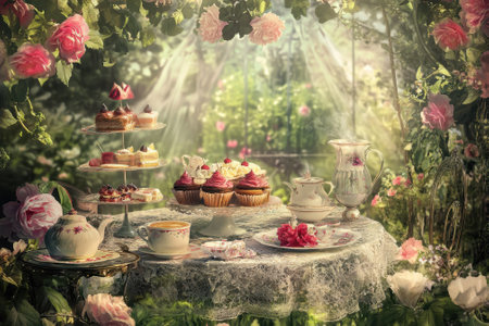 A beautiful garden is adorned with a table featuring exquisite cupcakes and pastries, surrounded by blooming roses.の写真素材