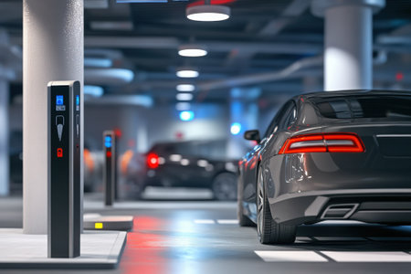 A sleek electric vehicle is parked near a charging station in a spacious, illuminated garage.の写真素材