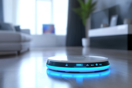 A robotic vacuum cleaner moves across a sleek wooden floor in a bright, modern living room.の写真素材