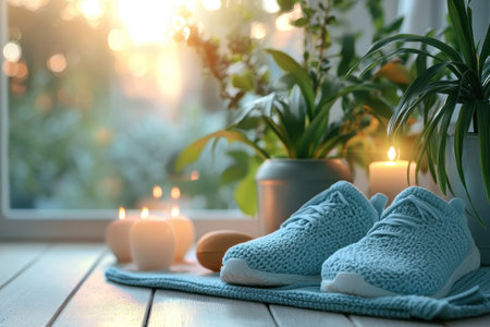 Blue knitted shoes rest next to candles and plants near a window, creating a peaceful and inviting ambiance.の写真素材