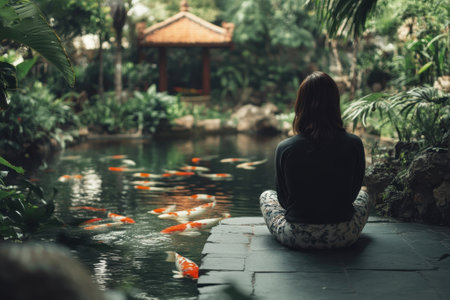 A person sits quietly by a koi pond surrounded by lush greenery and a traditional pavilion.の写真素材