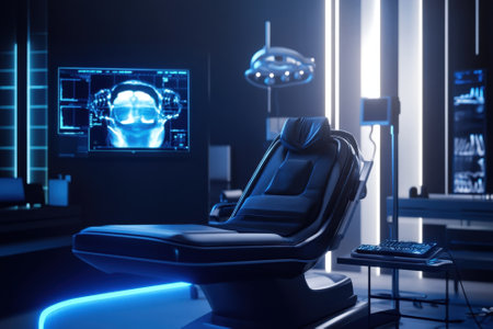 Modern medical examination area featuring a high-tech chair and advanced diagnostic equipment on display.の写真素材