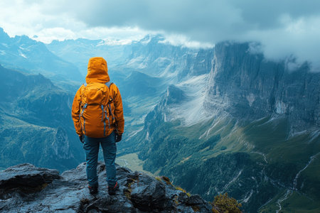 A person stands on rocky terrain, overlooking a breathtaking valley filled with mountains and clouds.の写真素材
