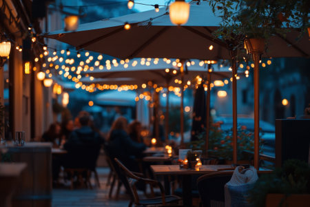Patrons enjoy dinner outdoors under glowing string lights at a quaint restaurant during twilight hours.の写真素材