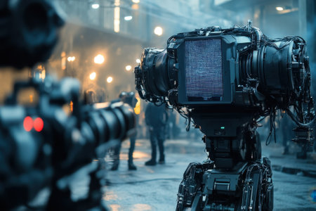 A complex robot stands amidst a busy city street, showcasing advanced technology and urban atmosphere.の写真素材