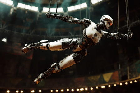 A humanoid robot showcases impressive acrobatics in an arena filled with dramatic lighting and spectators.の写真素材