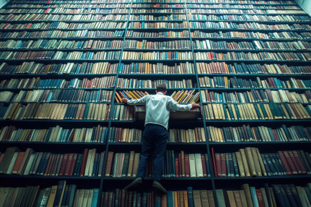 A person examines the tall shelves of a library, surrounded by numerous books of various colors and sizes.の写真素材