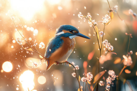 A kingfisher with bright feathers rests on a delicate branch, illuminated by warm sunset light and floral blooms.の写真素材