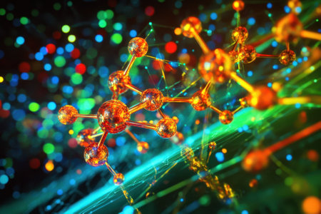 A vibrant molecular structure is displayed with glowing atoms and colorful lights in a dark background.の写真素材