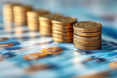 Coins are organized in neat stacks on colorful banknotes, highlighting wealth and financial planning.の写真素材