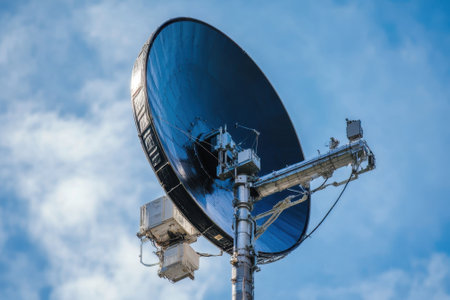 A satellite dish mounted on a tower captures signals in bright daylight with a clear blue sky backdrop.の写真素材