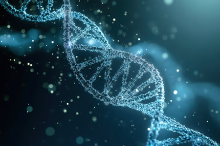 This visual showcases a detailed representation of DNA strands illuminated with sparkling effects.の写真素材