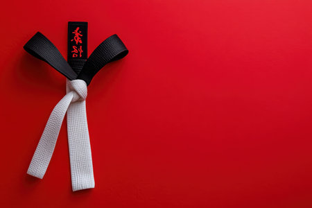 Two karate belts, black and white, are elegantly tied together against a bright red backdrop.の写真素材