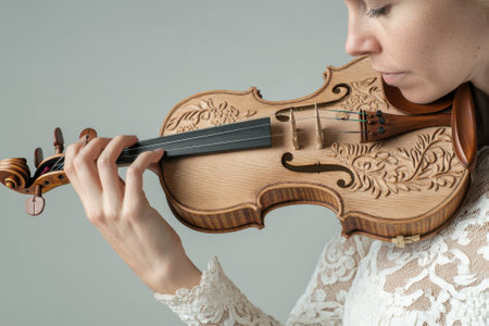 A skilled musician plays a stunning violin, showing its intricate design against a plain background.の写真素材
