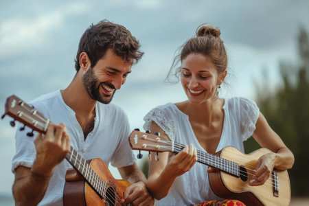 Two smiling musicians play ukulele together on a sunny day, surrounded by nature and a serene atmosphere.の写真素材