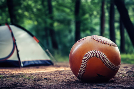 A baseball lies on the ground close to a camping tent, surrounded by tall trees in a peaceful forest.の写真素材