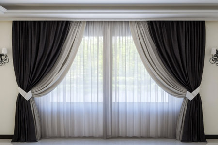 Stylish curtains frame a window beautifully, allowing soft light to filter into the bright indoor space.の写真素材