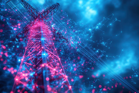 A tall electric tower stands amidst a backdrop of luminous particles in an electric blue and pink atmosphere.の写真素材