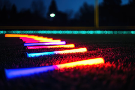 Brightly colored light sticks are arranged in a line on grass, creating a vibrant display as night falls.の写真素材