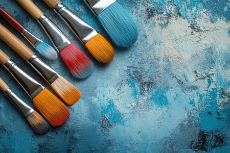 A collection of vibrant paintbrushes lies on a richly textured blue surface, inviting artistic creativity.の写真素材
