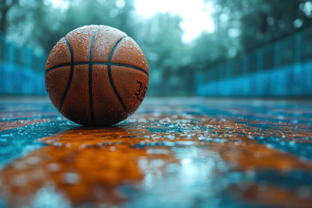 A wet basketball sits on a colorful court, reflecting the cloudy sky and surrounded by lush trees.の写真素材