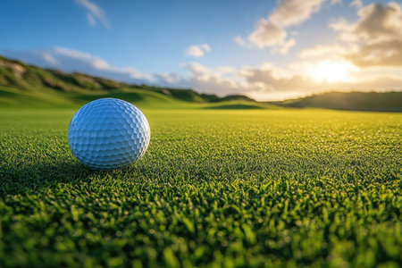 A golf ball lies on vibrant green grass with the sun setting behind rolling hills in the background.の写真素材