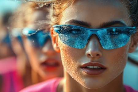 A group of athletes showcases determination while training outdoors, wearing colorful sunglasses.の素材
