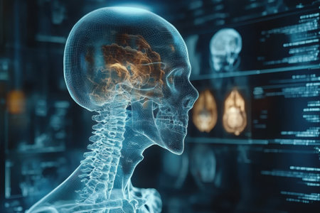 A digital illustration shows a human skull, highlighting the brain's structure in a research lab setting.の写真素材