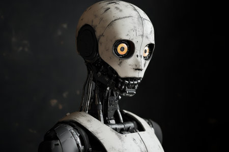 A humanoid robot with detailed features and striking eyes is showcased, highlighting its design and craftsmanship.の写真素材