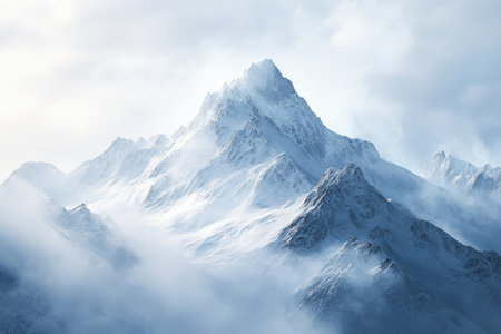 The majestic snow-capped mountains rise above swirling mist during early morning light, creating tranquility.の写真素材