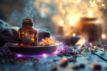Amber jar of essential oil with dried flowers and soft candles creates a tranquil atmosphere.の写真素材