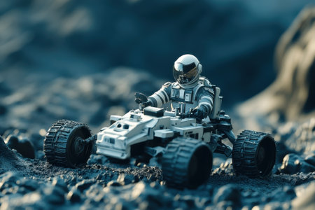 A small astronaut figure navigates a rugged, rocky surface using a miniature rover designed for exploration.の写真素材