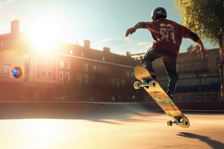 A young skater launches into the air against a vibrant sunset backdrop in an urban skatepark setting.の写真素材