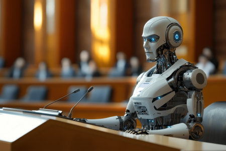 A highly advanced robot sits at a panel in a formal setting, engaging in a legal debate with focus and concentration.の写真素材