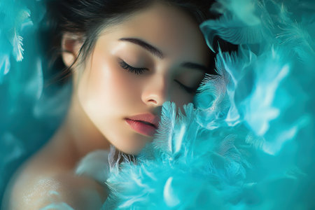 A young model relaxes with closed eyes, embraced by delicate turquoise feathers, creating a peaceful ambiance.の写真素材