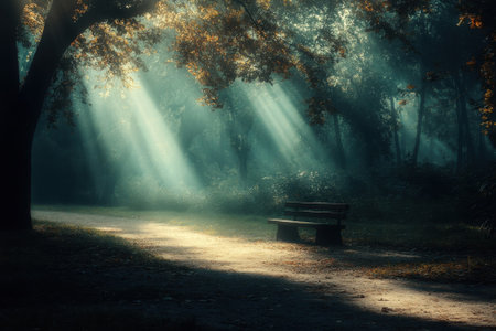 Sunlight breaks through the tree canopy, illuminating a quiet park path next to a solitary bench.の写真素材
