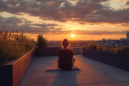 Practitioner enjoys serene yoga at sunset on a rooftop, with a stunning city view and vibrant clouds above.の写真素材
