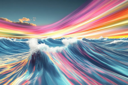 Waves crash against each other as a stunning sunset bathes the ocean in vibrant colors, creating a serene atmosphere.の写真素材