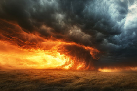 An intense display of natural beauty as storm clouds gather, illuminated by a fiery sunset over a grassy landscape.の写真素材